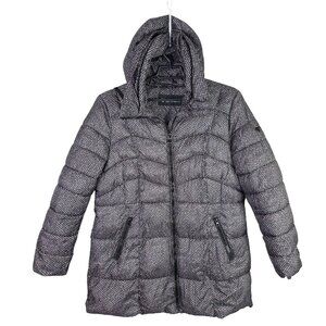 Womens Guess Hooded Black & White Puffer Coat Zip Pockets Polyester Size XXL